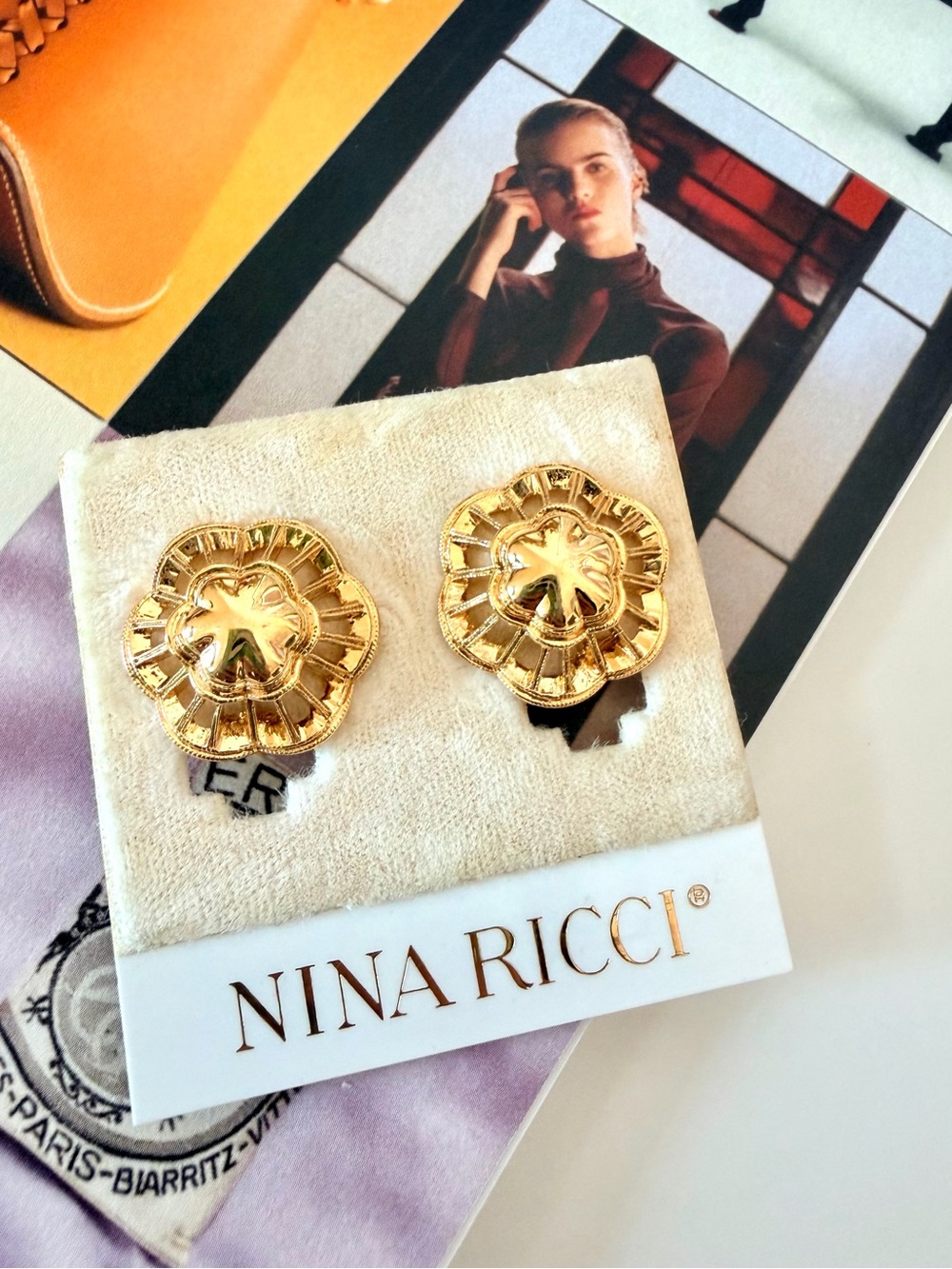 Vintage Nina Ricci Gold Flower Clip-on Earrings